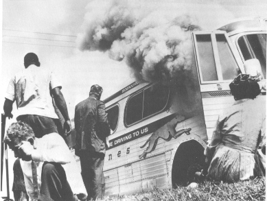 Greyhound bus carrying Freedom Riders ambushed in Anniston, Alabama, 1961, crmvet.org